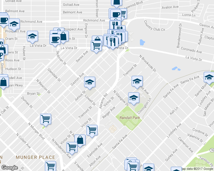 map of restaurants, bars, coffee shops, grocery stores, and more near 517 North Glasgow Drive in Dallas