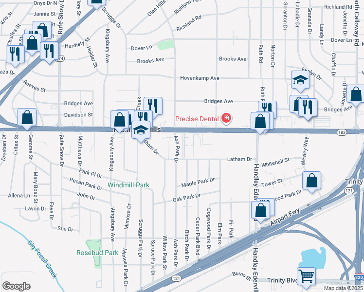 map of restaurants, bars, coffee shops, grocery stores, and more near 3216 Ash Park Drive in Richland Hills