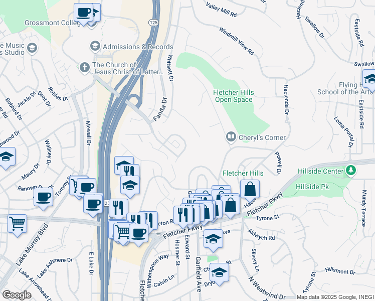 map of restaurants, bars, coffee shops, grocery stores, and more near 1154 Erin Drive in El Cajon
