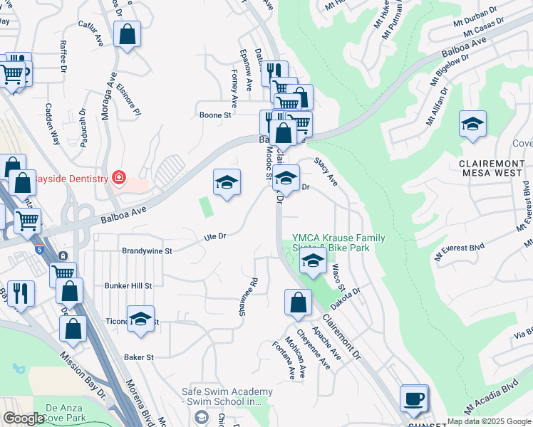 map of restaurants, bars, coffee shops, grocery stores, and more near 3664 Clairemont Drive in San Diego