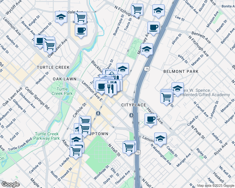 map of restaurants, bars, coffee shops, grocery stores, and more near 3700 McKinney Avenue in Dallas