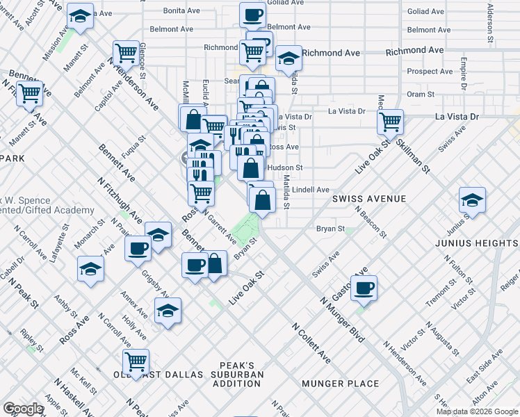 map of restaurants, bars, coffee shops, grocery stores, and more near 5509 Bryan Parkway in Dallas