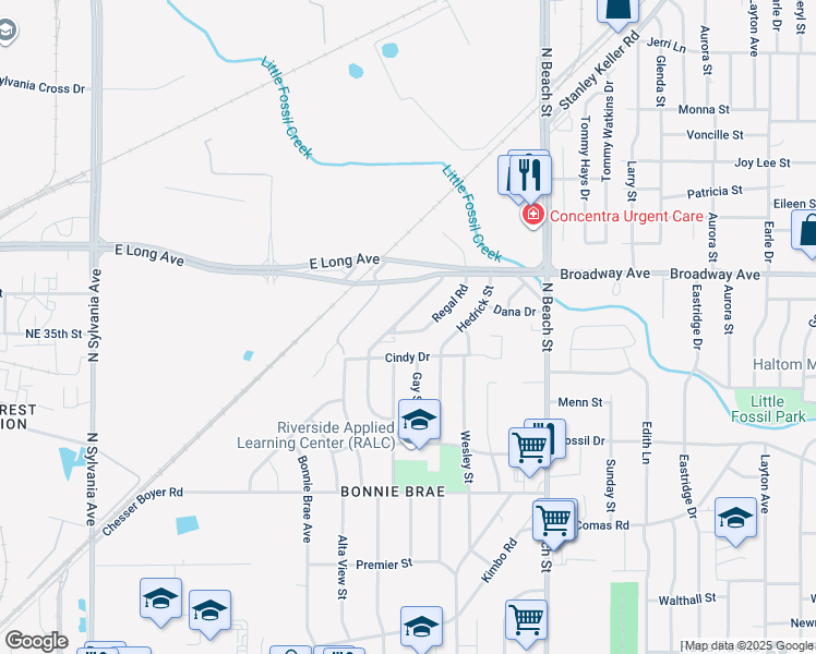 map of restaurants, bars, coffee shops, grocery stores, and more near 3525 Regal Road in Fort Worth