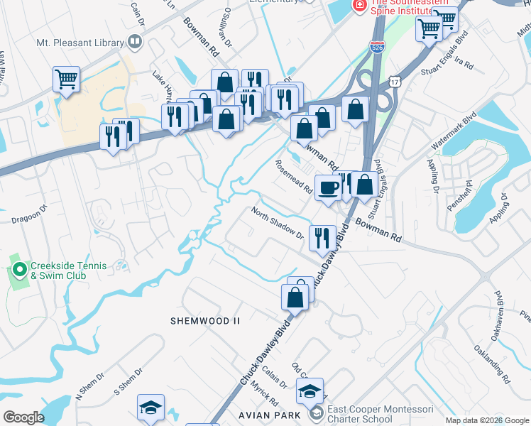 map of restaurants, bars, coffee shops, grocery stores, and more near 1122 North Shadow Drive in Mount Pleasant