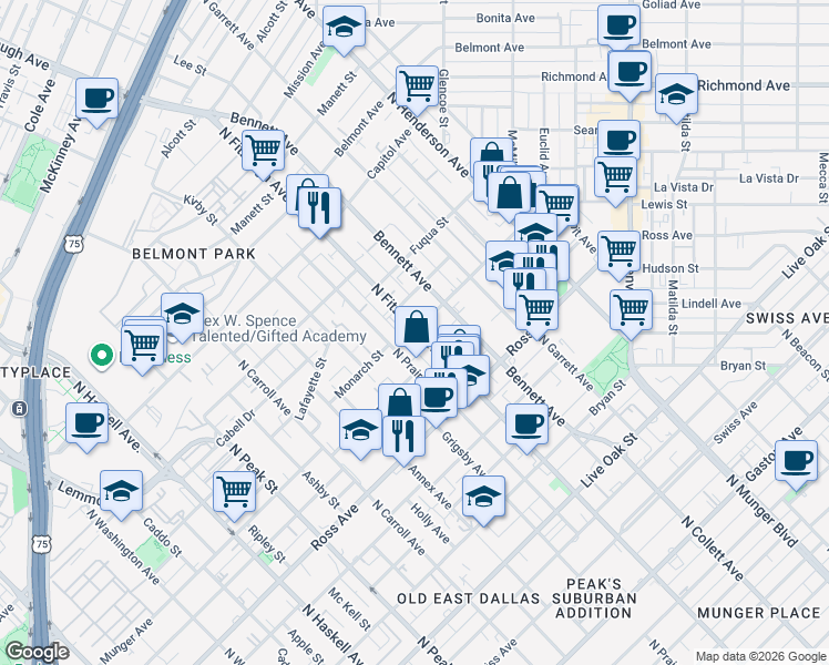 map of restaurants, bars, coffee shops, grocery stores, and more near 4850 Monarch Street in Dallas