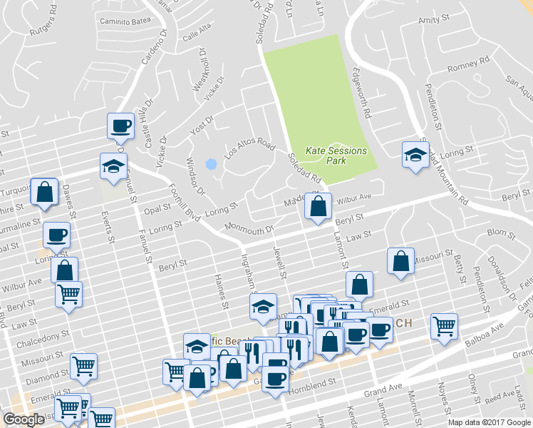 map of restaurants, bars, coffee shops, grocery stores, and more near 1640 Collingwood Drive in San Diego