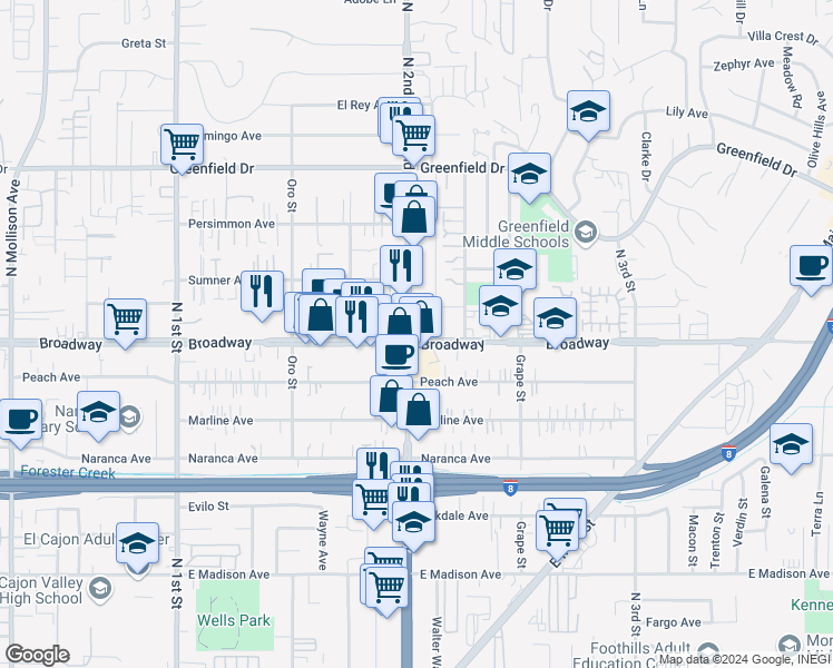 map of restaurants, bars, coffee shops, grocery stores, and more near 1302 Broadway in El Cajon