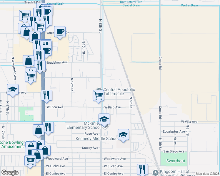 map of restaurants, bars, coffee shops, grocery stores, and more near 1651 McDonald Road in El Centro