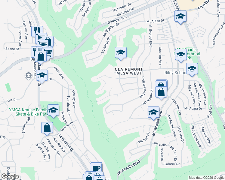 map of restaurants, bars, coffee shops, grocery stores, and more near 3724 Mount Ashmun Place in San Diego