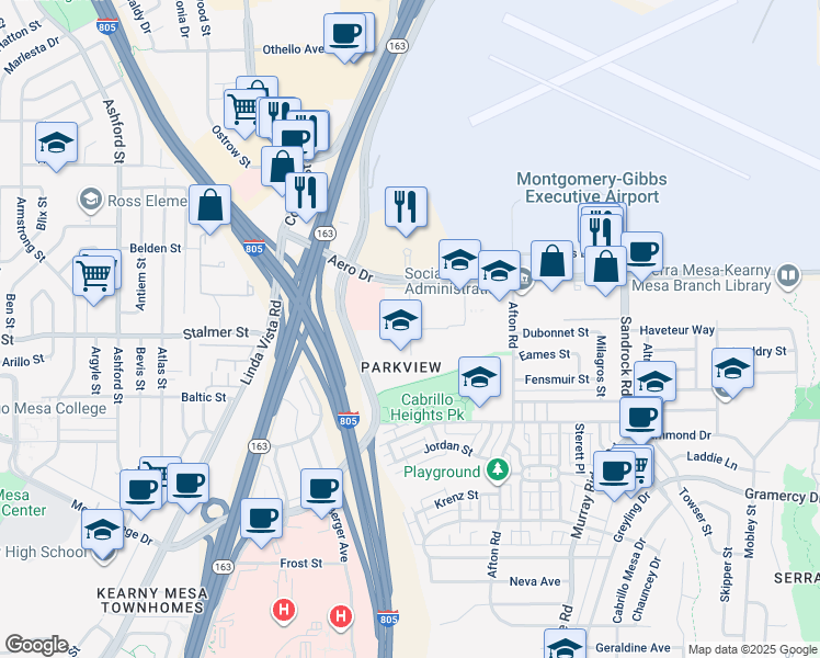 map of restaurants, bars, coffee shops, grocery stores, and more near 8200 Aero Place in San Diego