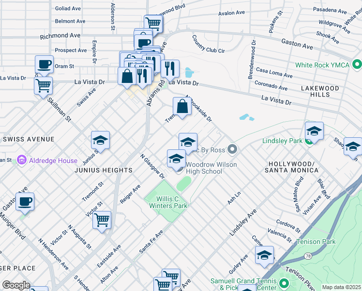 map of restaurants, bars, coffee shops, grocery stores, and more near 6135 Reiger Avenue in Dallas