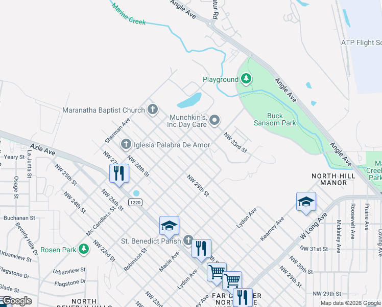 map of restaurants, bars, coffee shops, grocery stores, and more near 3206 NW 30th St in Fort Worth