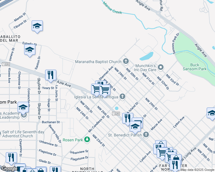 map of restaurants, bars, coffee shops, grocery stores, and more near 3407 Northwest 28th Street in Fort Worth