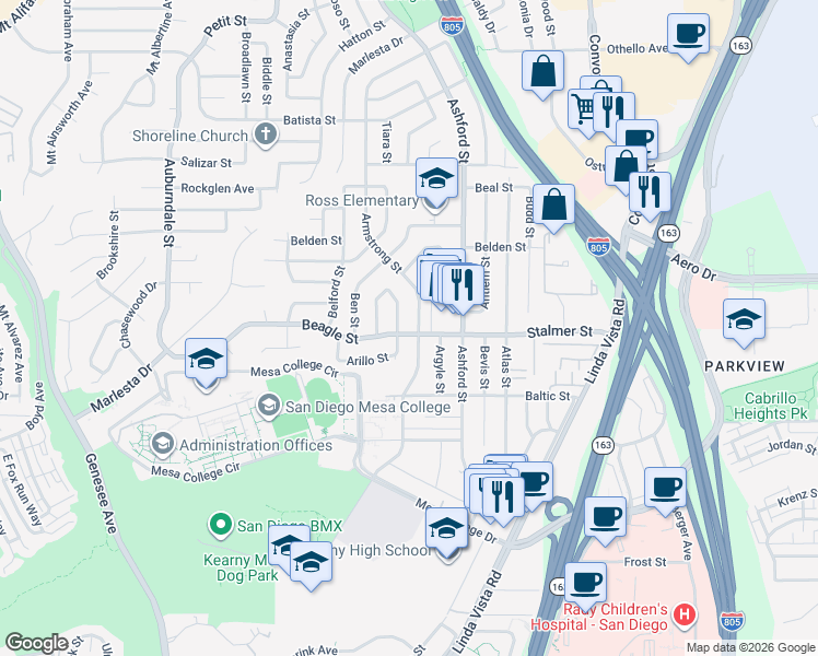 map of restaurants, bars, coffee shops, grocery stores, and more near 7380 Beagle Street in San Diego