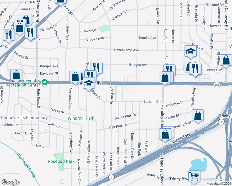 map of restaurants, bars, coffee shops, grocery stores, and more near 7120 Baker Boulevard in Richland Hills