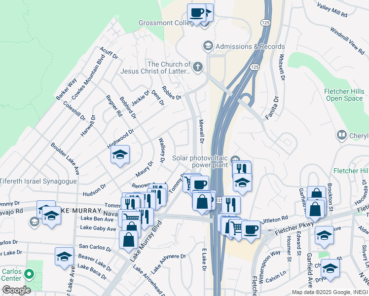 map of restaurants, bars, coffee shops, grocery stores, and more near 8865 Highsmith Lane in San Diego