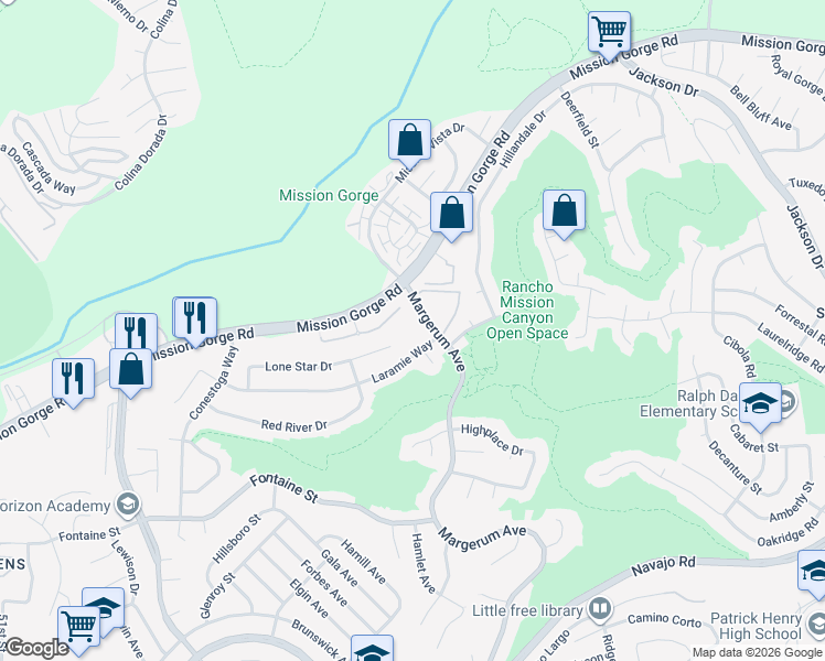 map of restaurants, bars, coffee shops, grocery stores, and more near 7760 Margerum Avenue in San Diego