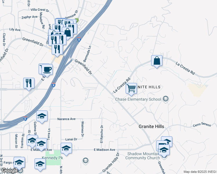 map of restaurants, bars, coffee shops, grocery stores, and more near 1388 Winrow Road in El Cajon