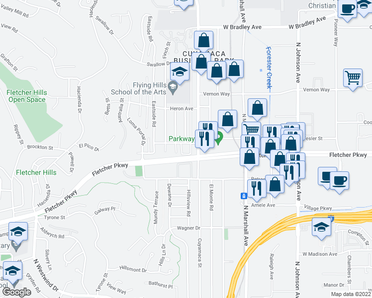 map of restaurants, bars, coffee shops, grocery stores, and more near 1321 Partridge Avenue in El Cajon