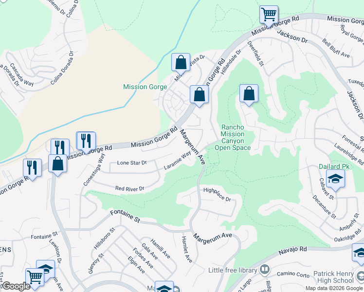 map of restaurants, bars, coffee shops, grocery stores, and more near 7760 Margerum Avenue in San Diego