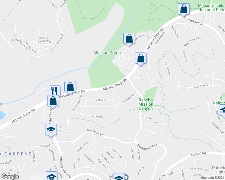 map of restaurants, bars, coffee shops, grocery stores, and more near 7659 Mission Gorge Road in San Diego