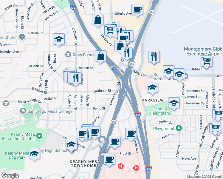 map of restaurants, bars, coffee shops, grocery stores, and more near 7838 Stalmer Street in San Diego