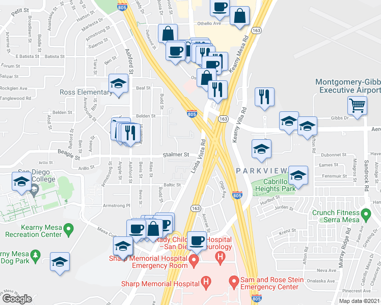 map of restaurants, bars, coffee shops, grocery stores, and more near 7838 Stalmer Street in San Diego