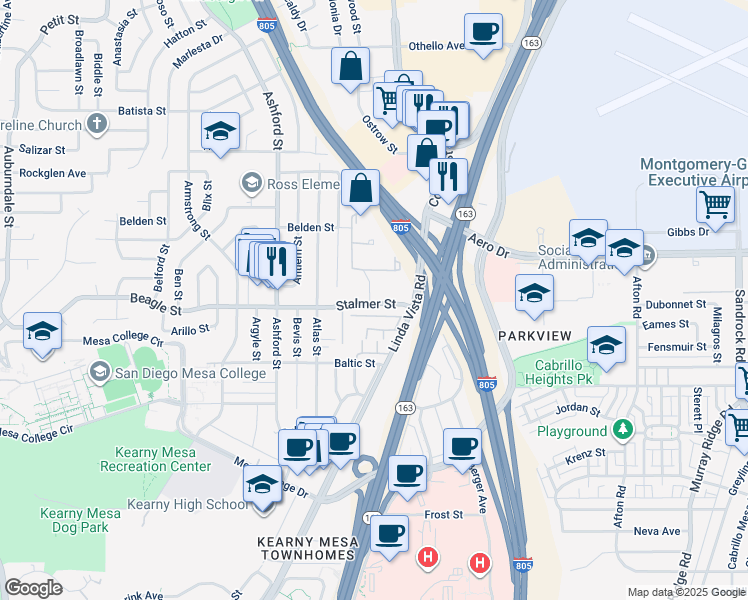 map of restaurants, bars, coffee shops, grocery stores, and more near in San Diego