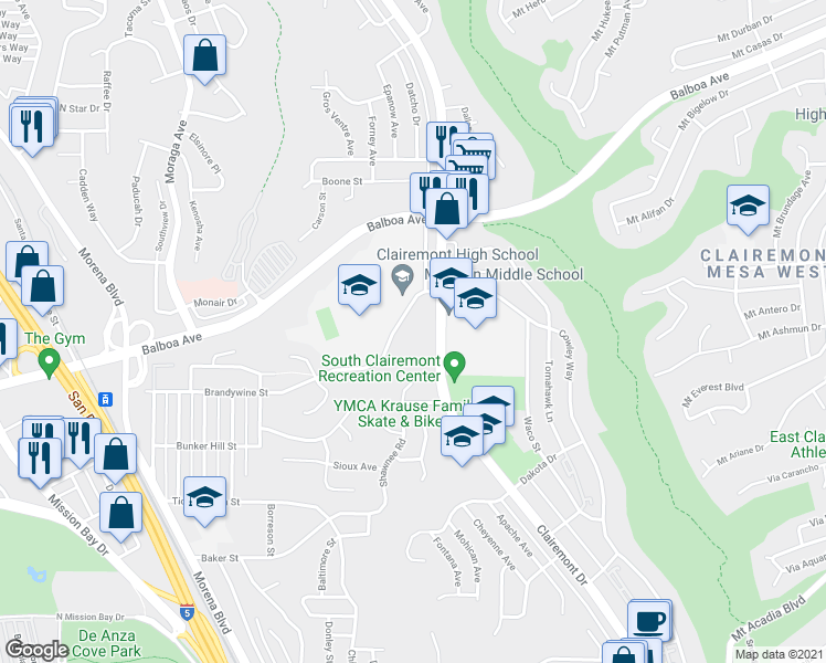map of restaurants, bars, coffee shops, grocery stores, and more near 3664 Clairemont Drive in San Diego