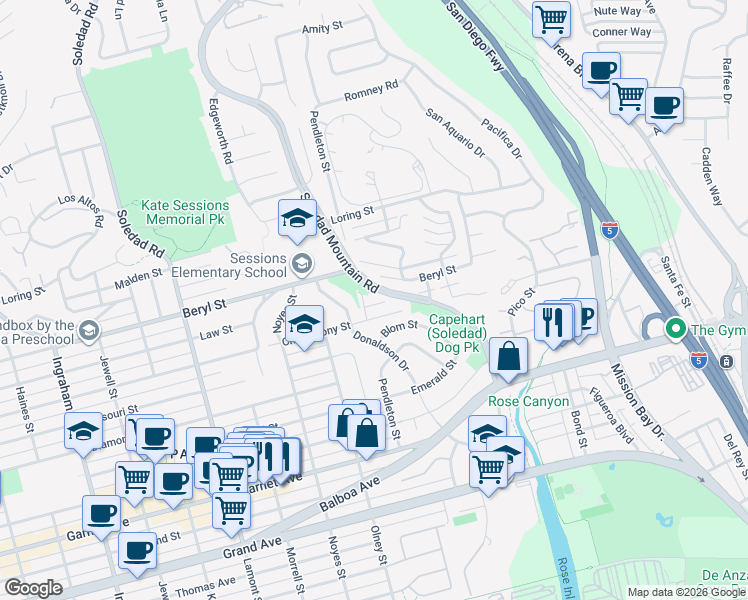 map of restaurants, bars, coffee shops, grocery stores, and more near 2310 Walmar Lane in San Diego