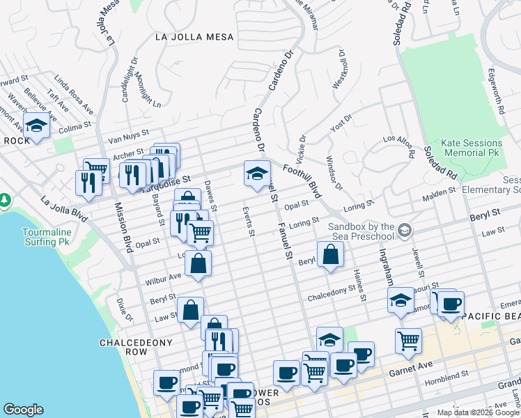 map of restaurants, bars, coffee shops, grocery stores, and more near 1228 Opal Street in San Diego