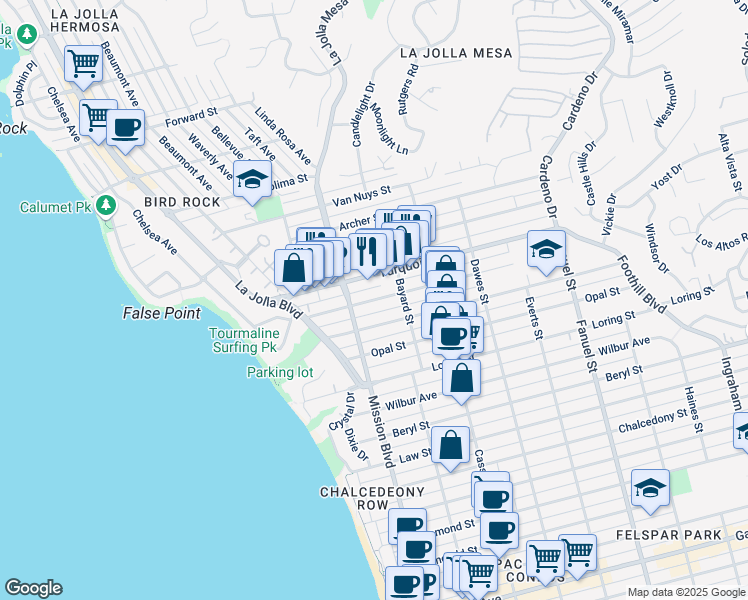 map of restaurants, bars, coffee shops, grocery stores, and more near 838 Sapphire Street in San Diego