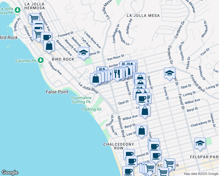 map of restaurants, bars, coffee shops, grocery stores, and more near in San Diego