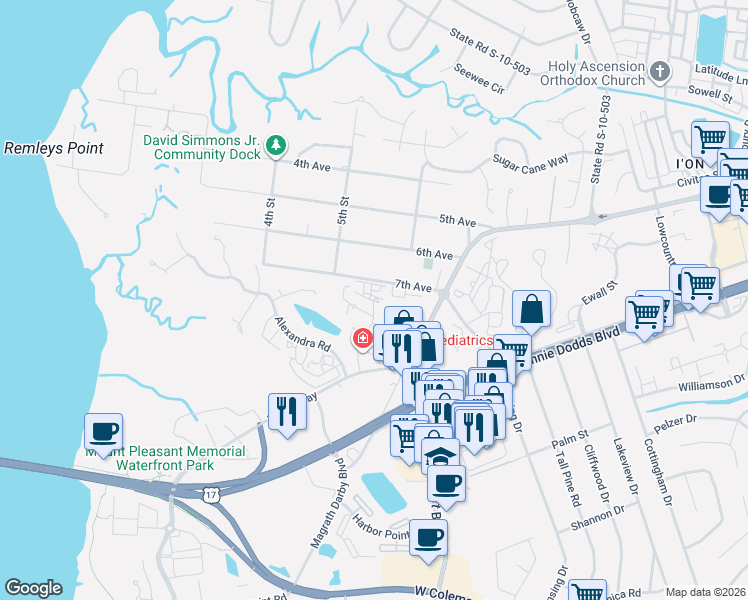 map of restaurants, bars, coffee shops, grocery stores, and more near 336 Sandpiper Drive in Mount Pleasant