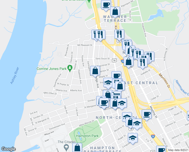 map of restaurants, bars, coffee shops, grocery stores, and more near 854 Rutledge Avenue in Charleston
