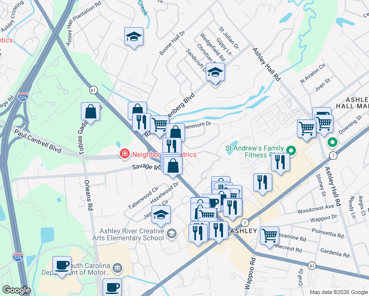 map of restaurants, bars, coffee shops, grocery stores, and more near 1954 Ashley River Road in Charleston