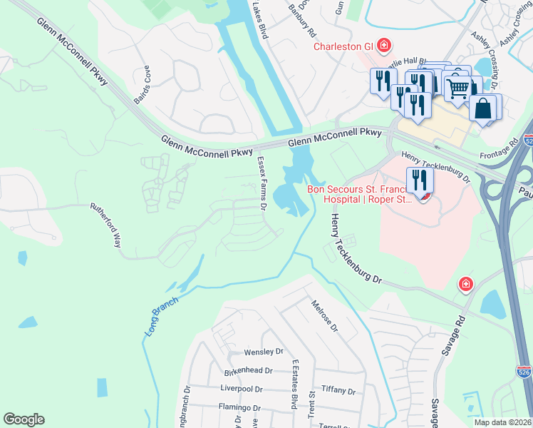 map of restaurants, bars, coffee shops, grocery stores, and more near 2511 Rutherford Way in Charleston