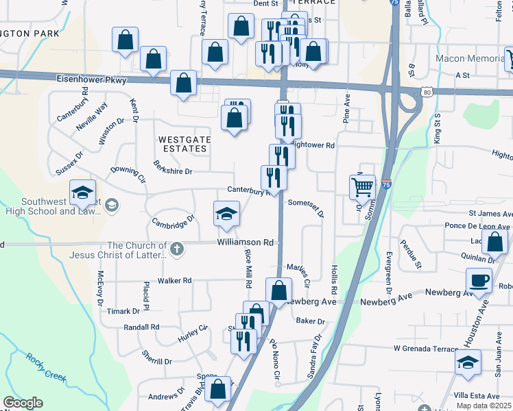 map of restaurants, bars, coffee shops, grocery stores, and more near 3018 Rice Mill Road in Macon