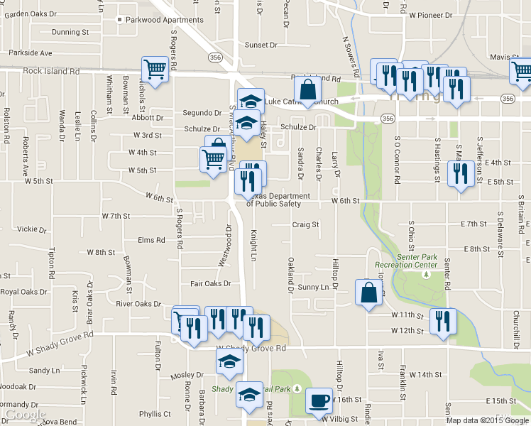 map of restaurants, bars, coffee shops, grocery stores, and more near 604 Knight Lane in Irving