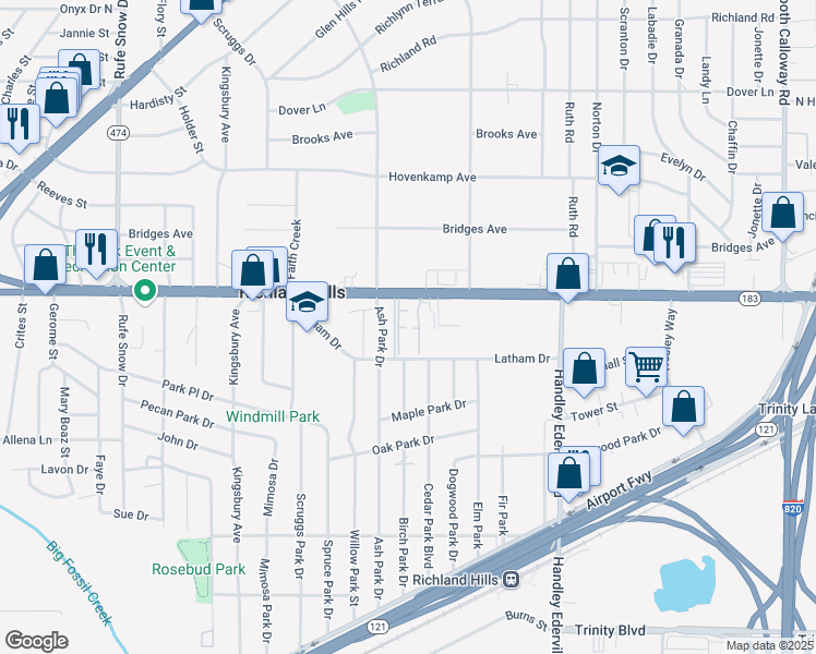 map of restaurants, bars, coffee shops, grocery stores, and more near 7120 Baker Boulevard in Richland Hills