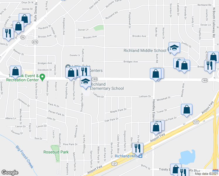 map of restaurants, bars, coffee shops, grocery stores, and more near 7120 Baker Boulevard in Richland Hills