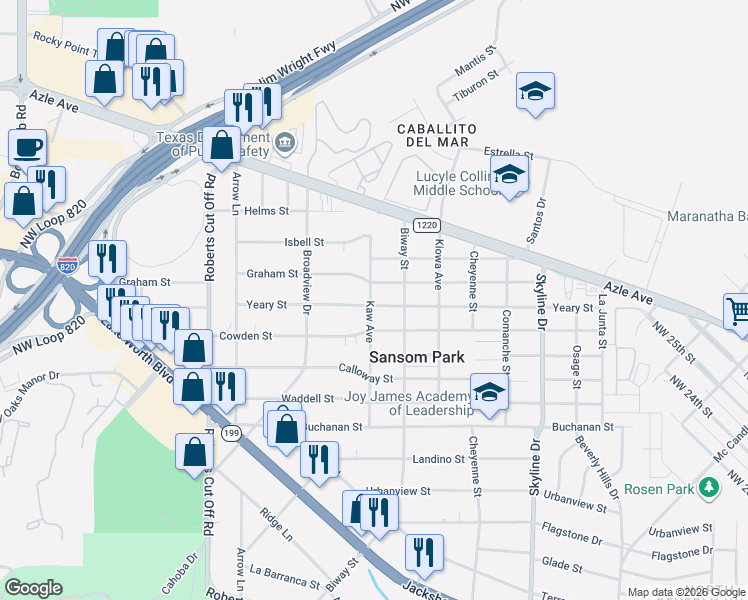 map of restaurants, bars, coffee shops, grocery stores, and more near 5700 Yeary Street in Fort Worth