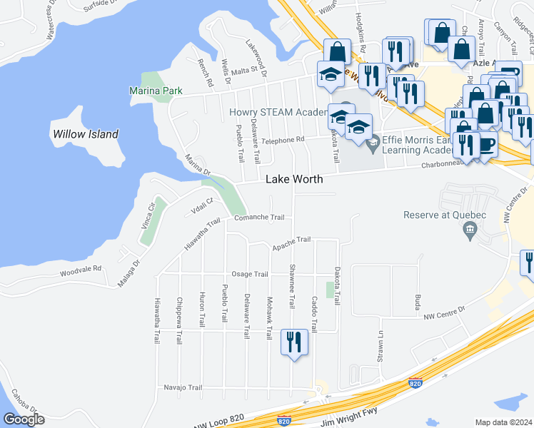 map of restaurants, bars, coffee shops, grocery stores, and more near 7300 Comanche Trail in Lake Worth