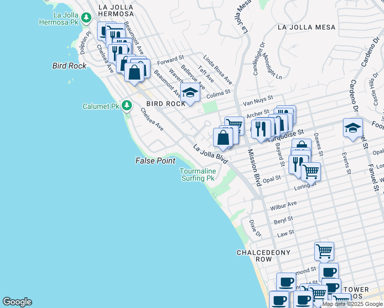 map of restaurants, bars, coffee shops, grocery stores, and more near 5247 Chelsea Street in San Diego