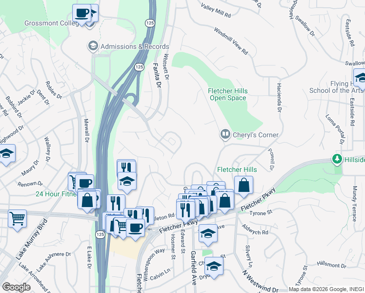 map of restaurants, bars, coffee shops, grocery stores, and more near 1154 Erin Drive in El Cajon