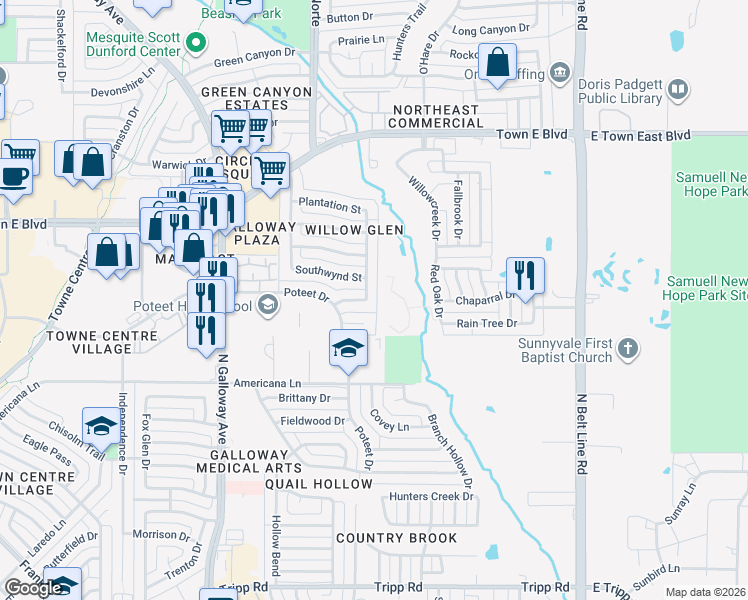 map of restaurants, bars, coffee shops, grocery stores, and more near 604 Plantation Street in Mesquite