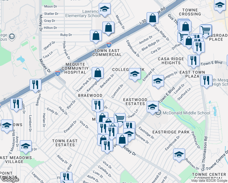 map of restaurants, bars, coffee shops, grocery stores, and more near 3205 Concord Dr in Mesquite