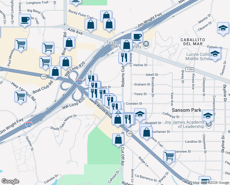 map of restaurants, bars, coffee shops, grocery stores, and more near 6012 Yeary Street in Fort Worth