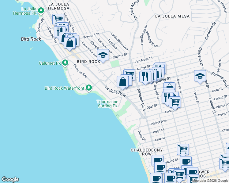 map of restaurants, bars, coffee shops, grocery stores, and more near 5209 La Jolla Boulevard in San Diego