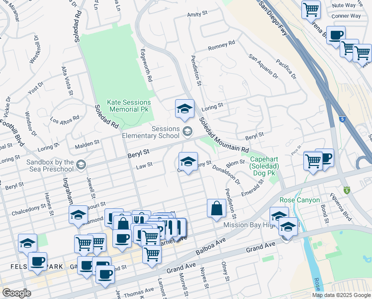 map of restaurants, bars, coffee shops, grocery stores, and more near 4877 Noyes Street in San Diego